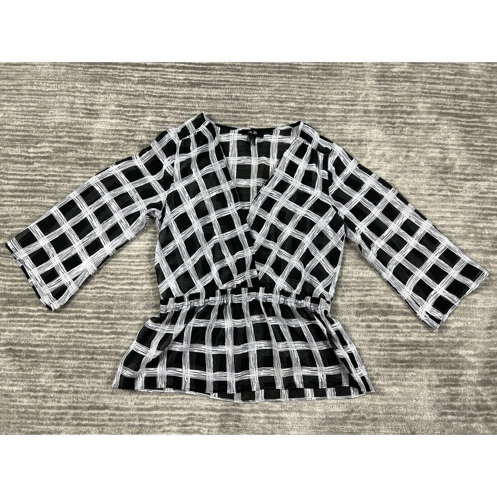AGB Top Womens Medium Black White‎ Sheer 3/4 Sleeve V-Neck